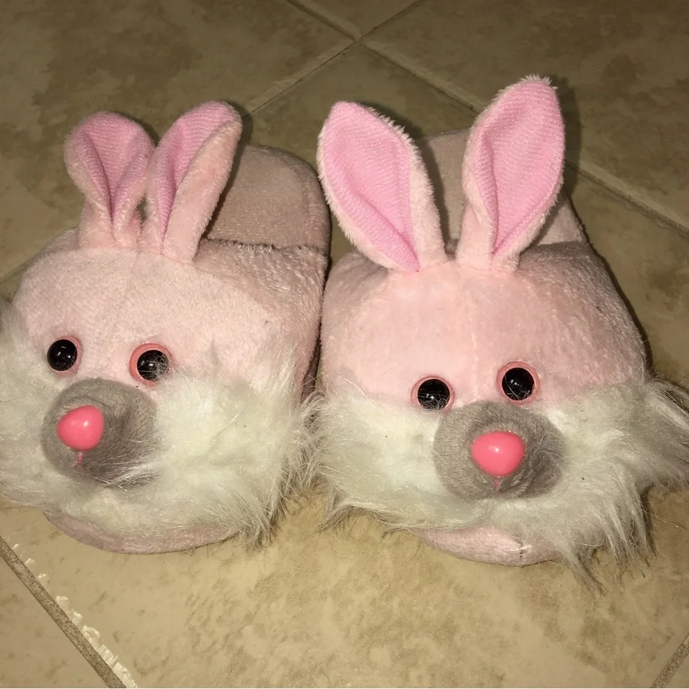 Pink bunny slippers with fur and cute eyes Child slippers, 7 inches long